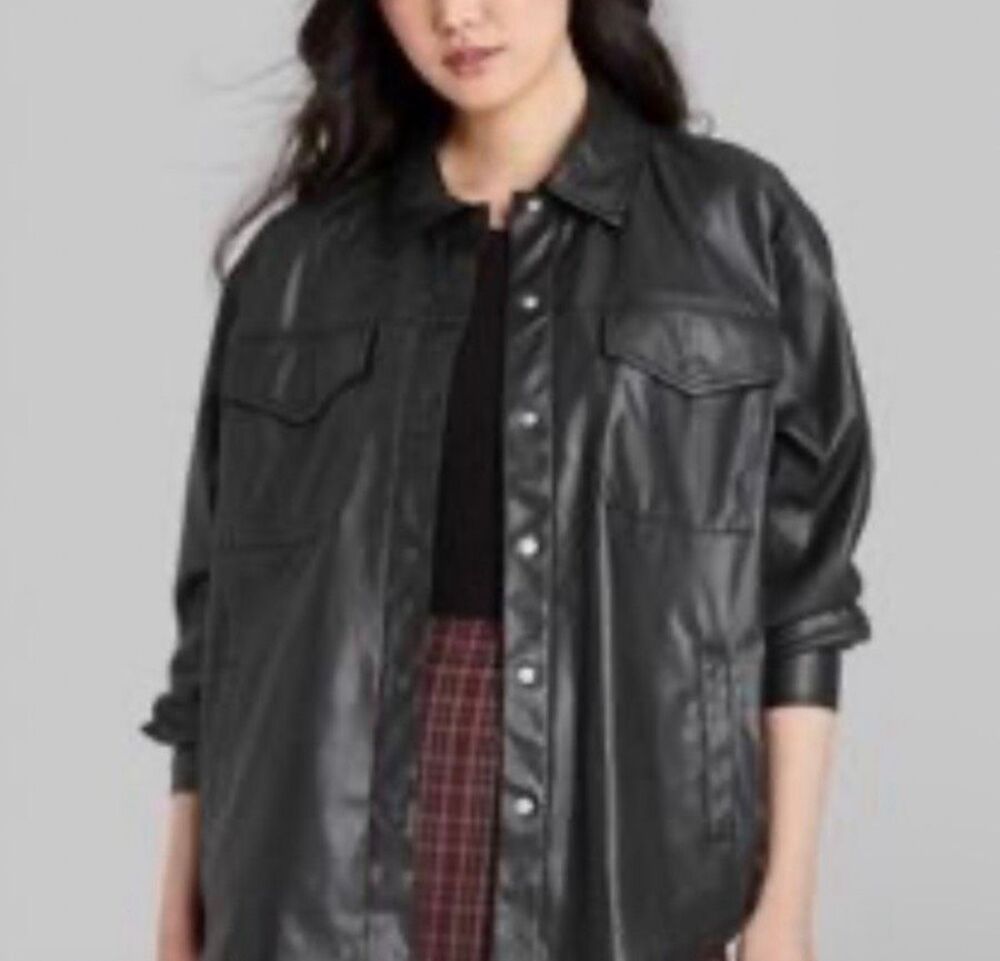 Wild Fable Shacket Shirt Jacket Women Medium Black Faux Leather Long Sleeve Snap